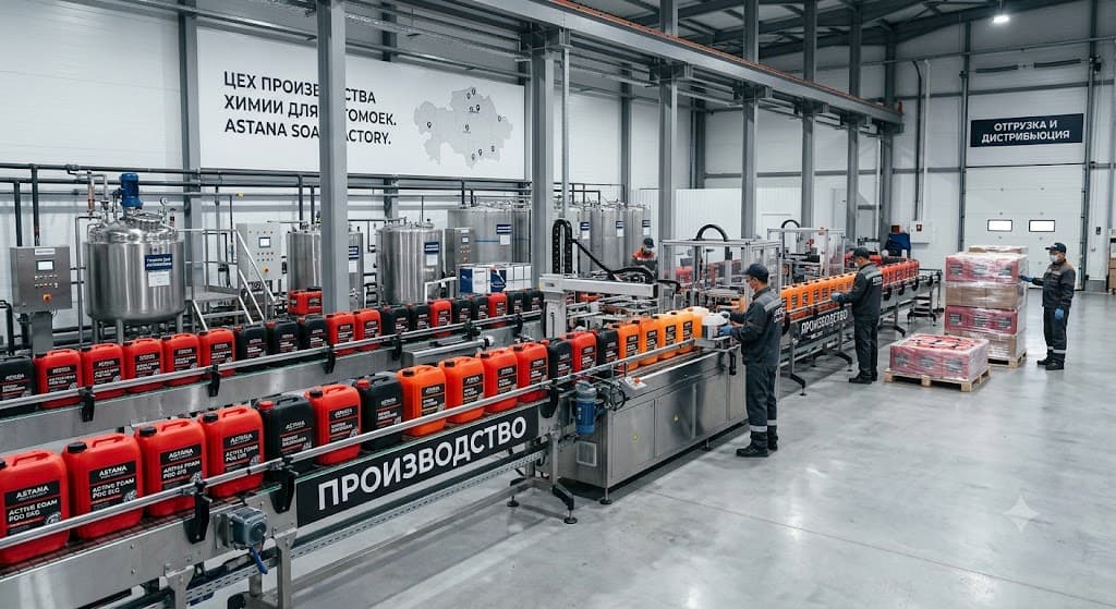 Производственный цех Astana Soap Factory — линия розлива автохимии